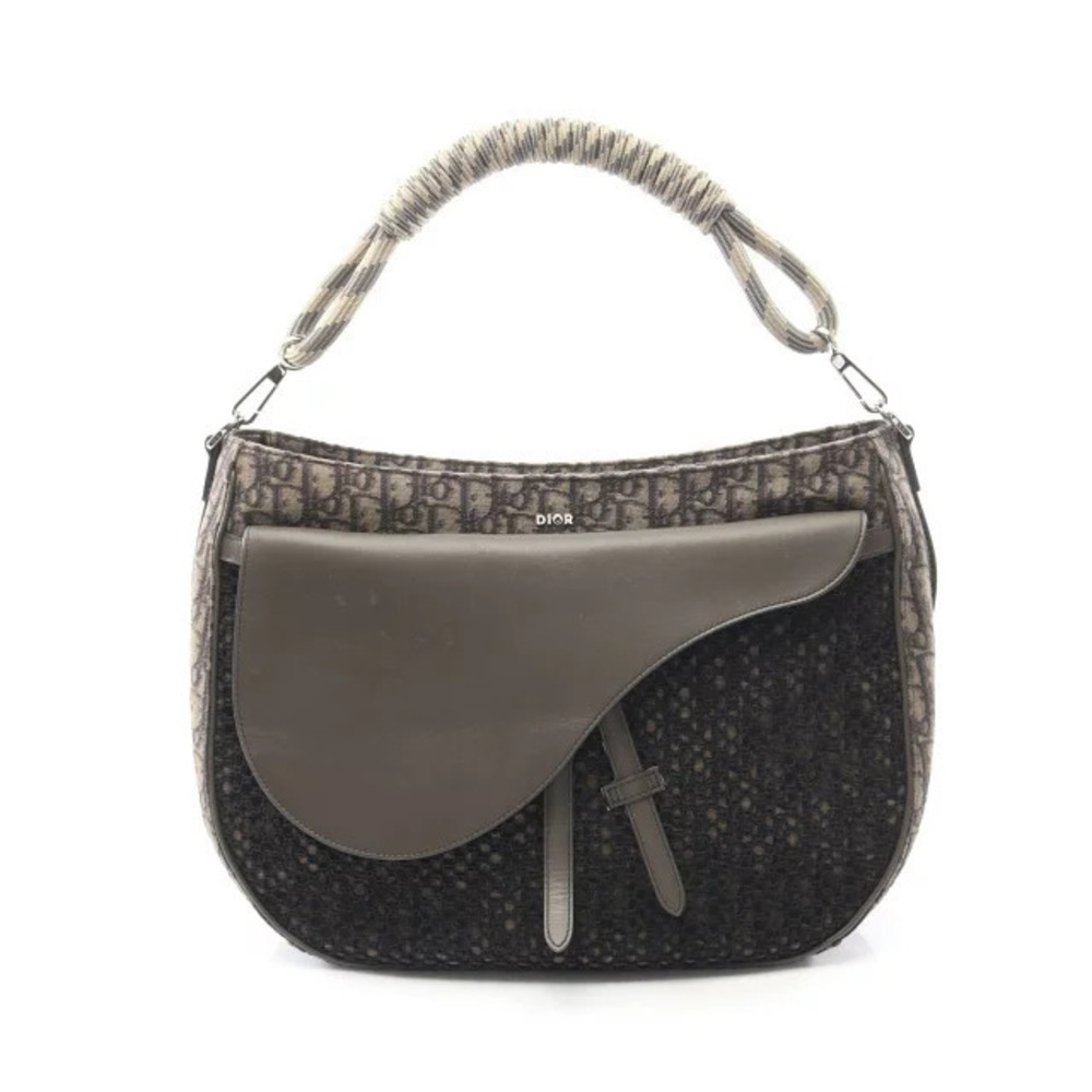 Christian Dior Saddle Bag Shoulder Canvas Leather Khaki Green Black